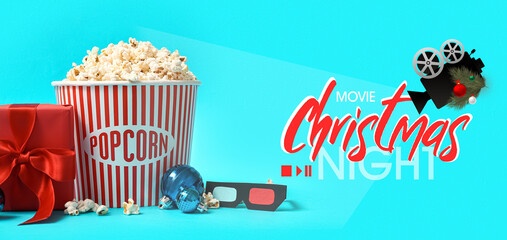 Christmas banner with bucket of popcorn, 3D glasses and gift on light blue background