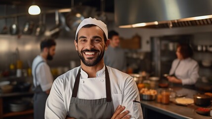 Portrait of male chef in restaurant in white uniform looking at camera - obrazy, fototapety, plakaty