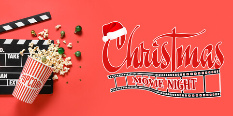 Christmas banner with movie clapper and bucket of popcorn on red background