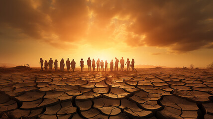 silhouette of a group of people at sunset in the desert, climate change, global warming, land desertification, cracks on dry land landscape - obrazy, fototapety, plakaty