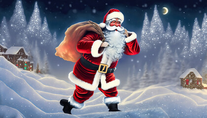Święty Mikołaj niosący worek z prezentami - obrazy, fototapety, plakaty
