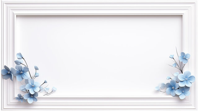 white classic strict frame with a background copy space decorated with delicate wildflowers, a spring greeting card