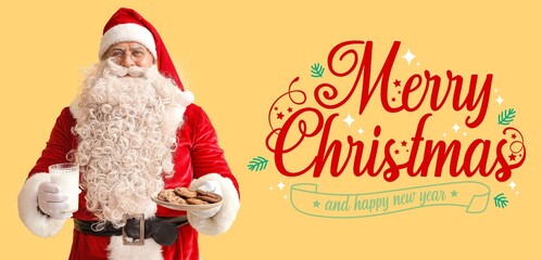 Greeting banner for Christmas and New Year with Santa Claus holding milk and cookies on yellow background