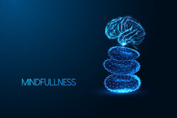 Mindfullness, awareness, consciousness futuristic concept with brain and balancing stones 