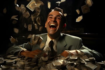 A Joyful Man Surrounded by a Cascade of Cash, generative AI