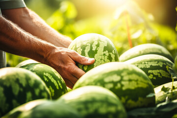Close up shot of hands picking watermelons in orchard - obrazy, fototapety, plakaty