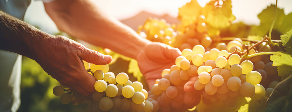 Worker hands picking green grapes from branch in vineyard