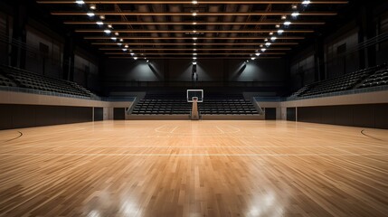 Inside of modern basketball arena with wooden court. generative AI - obrazy, fototapety, plakaty