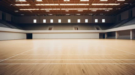 Küchenrückwand glas motiv Inside of modern basketball arena with wooden court. generative AI © yj
