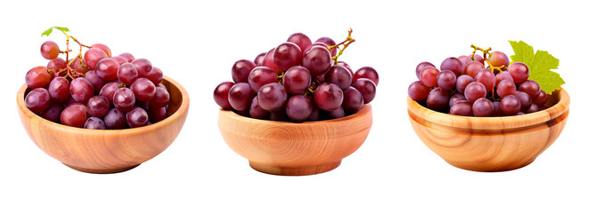 Wooden bowls with grapes on them over isolated transparent background