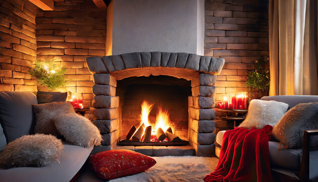 A cozy fireplace with flickering flames, surrounded by plush cushions, and a blanket, offering a warm and intimate space for a romantic Valentine's evening.