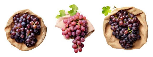 Top view of reusable bags with grapes on isolated transparent background