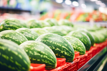 Watermelon stacked in supermarket shelf