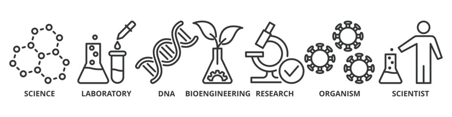 Biotechnology banner web icon vector illustration concept with icon of science, laboratory, dna, bioengineering, research, organism, and scientist