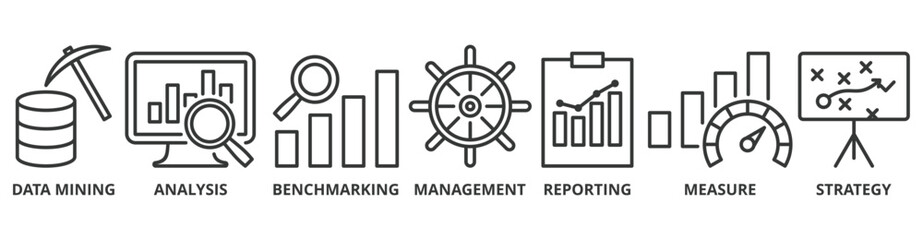 Business intelligence banner web icon vector illustration concept with icon of data mining, analysis, benchmarking, management, reporting, measure, and strategy