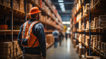 Worker navigating large warehouse