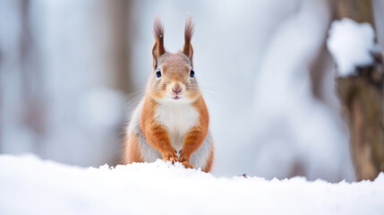 Naklejka na ściany i meble A Playful Squirrel Is In The Snowy Forest , Background For Banner, HD