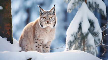 A Rare Lynx Is In The Snow-Covered Forest, Background For Banner, HD
