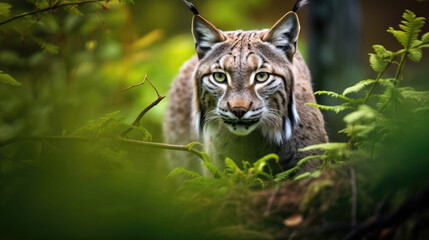 Naklejka na ściany i meble A Rare Lynx Is Prowling Through The Dense Undergrowth , Background For Banner, HD