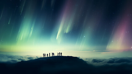 northern lights in the night sky, aurora borealis, a group of people watching the night landscape with a multicolored glow in the sky - obrazy, fototapety, plakaty