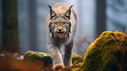 Obraz premium A Rare Lynx Is Prowling Through The Misty Forest, Background For Banner, HD