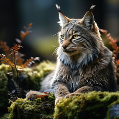 Naklejka na ściany i meble A Rare Lynx Is Resting On A Mossy Rock, Background For Banner, HD
