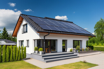 New suburban house with a photovoltaic system on the roof. Modern eco friendly passive house with landscaped yard. Solar panels on the gable roof - obrazy, fototapety, plakaty