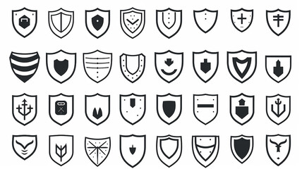 collection of shield icons isolated on a white background, flat minimalism graphics, set of protection icons - obrazy, fototapety, plakaty