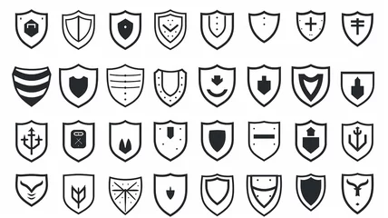 Fotobehang collection of shield icons isolated on a white background, flat minimalism graphics, set of protection icons © kichigin19