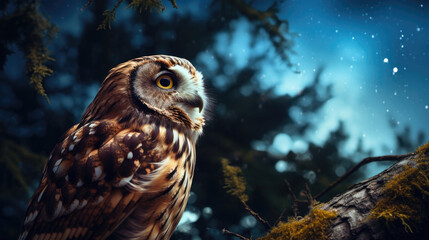 A Watchful Owl Is Gazing Intently At The Shimmering, Background For Banner, HD