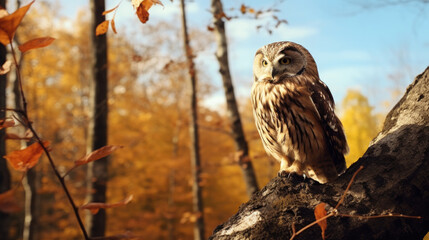 A Watchful Owl Is Perched In The Autumn Forest, Background For Banner, HD