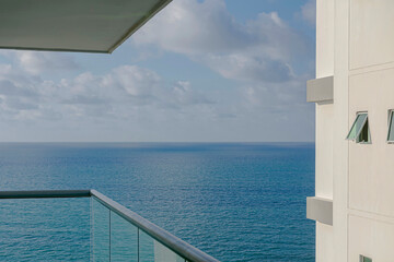 Panoramic view of the Colombian Caribbean Sea from a window of an urban building facing the sea.