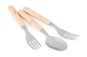 Stainless steel forks and spoon with plastic handles on white background