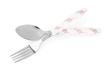 Stainless steel fork and knife with plastic handles on white background