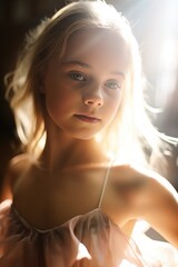 Little ballerina girl dancing in a ballet studio, sunlight