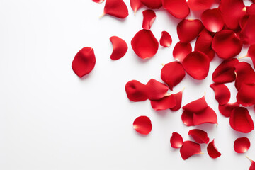 white background with scattered red pink petals