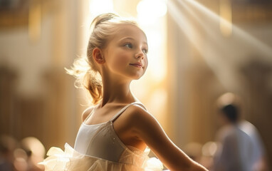 Little ballerina girl dancing in a ballet studio, sunlight - obrazy, fototapety, plakaty