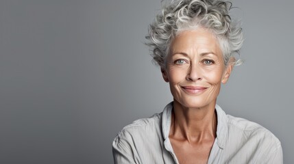 Studio shoot of a caucasian aging older model with gray hair on grey background. Close up beautiful mature woman with wrinkle healthy face skin. Senior lady natural beauty treatment anti aging concept - obrazy, fototapety, plakaty