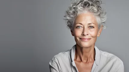 Foto op Plexiglas Studio shoot of a caucasian aging older model with gray hair on grey background. Close up beautiful mature woman with wrinkle healthy face skin. Senior lady natural beauty treatment anti aging concept © Rodica