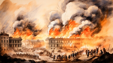 The White House and Washington DC set on fire by British troops during the War of 1812 - obrazy, fototapety, plakaty