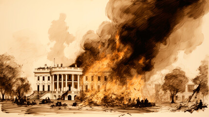 The White House on fire after the British Army attack during the War of 1812 - obrazy, fototapety, plakaty