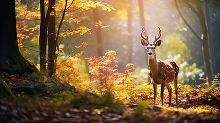 A Graceful Deer Is Grazing In A Sunlit Forest Glade, Background For Banner, HD