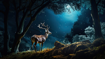 A Graceful Deer Is In The Moonlit Forest, Background For Banner, HD