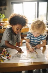 Children painting together on a table