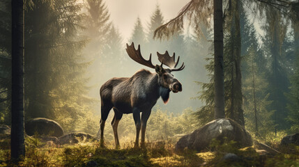 A Majestic Moose Is In The Forest Clearing, Background For Banner, HD
