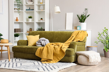 Cozy green sofa with soft blanket and cushions in interior of light living room