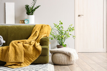 Green sofa and pouf with soft blankets in interior of light living room