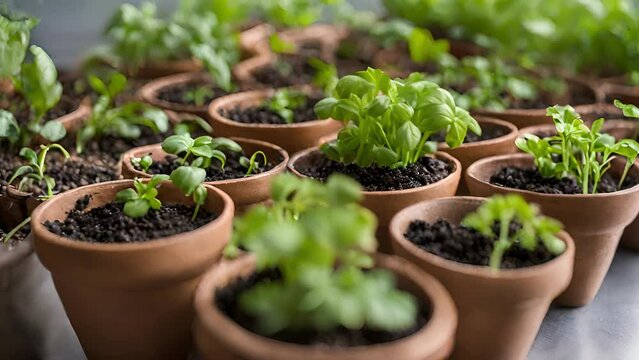 Closeup basil, parsley, cilantro seeds, planted small individual pots. Each seed germinates grows into distinct aromatic herb plant.