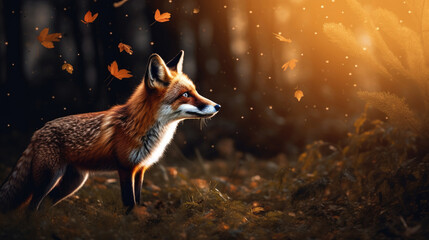 Fototapeta premium A Playful Fox Is In The Twilight Forest, Background For Banner, HD