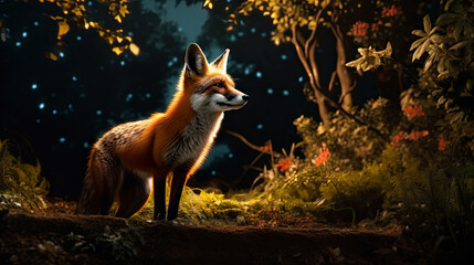 Naklejka premium A Playful Fox Is In The Twilight Forest, Background For Banner, HD